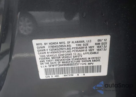 2013 Honda Pilot Ex z USA, uszkodzony, nr VIN 5FNYF3H49DB003237